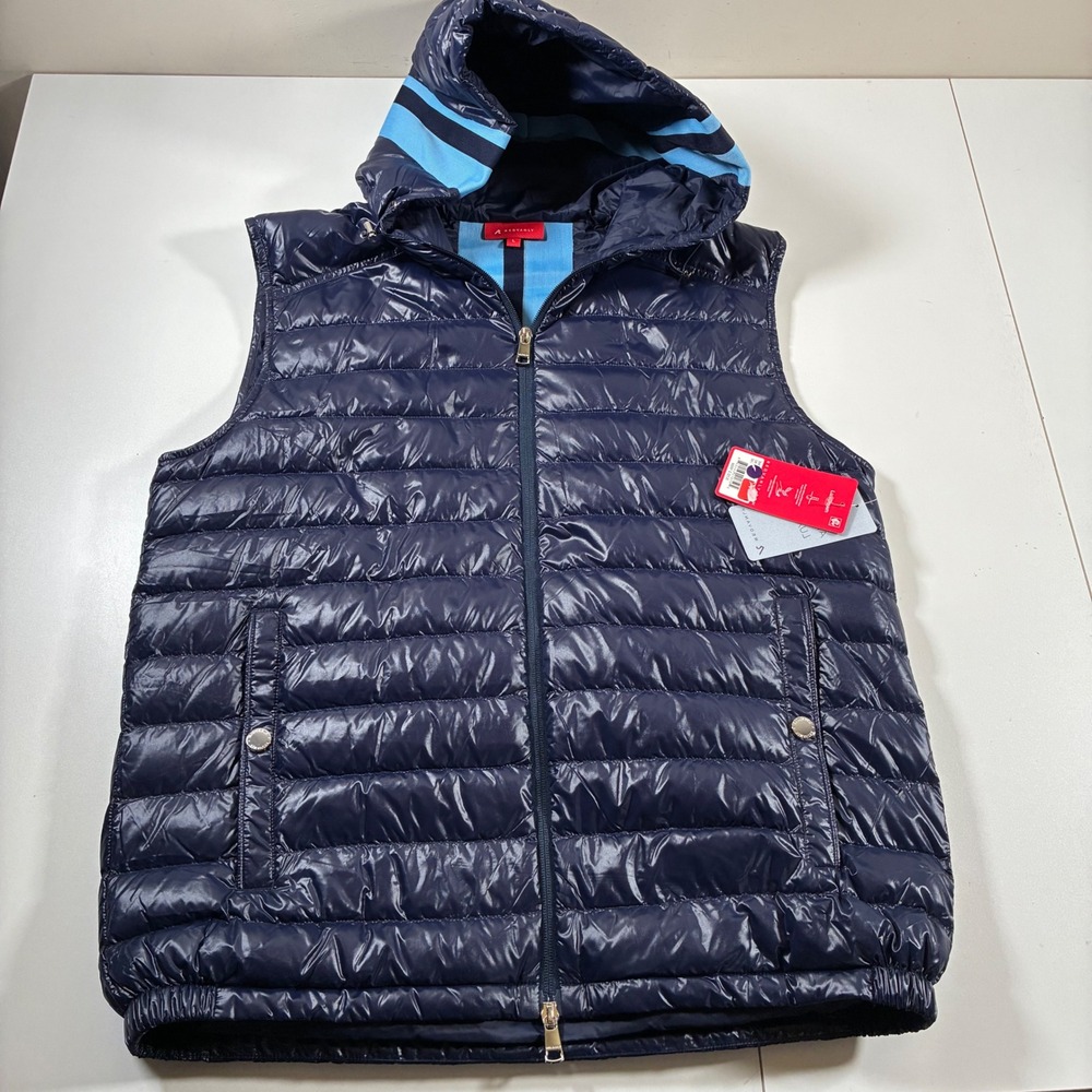 NEW REDVANLY LuxDown Thayer Vest Large Navy Blue Hooded Goose Down Puffer $325